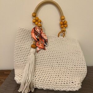 Chic White Crochet Handbag with Orange Accents